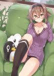  1girl alternate_costume alternate_legwear black_legwear breasts brown_hair chair collarbone commentary_request eyebrows eyebrows_visible_through_hair failure_penguin glasses green_eyes hair_between_eyes headband indoors jewelry jiino kantai_collection looking_at_viewer medium_breasts miss_cloud mutsu_(kantai_collection) necklace one_leg_raised plant ribbed_sweater shiny shiny_hair shiny_skin short_hair sitting sleeves_past_wrists smile solo sweater v-neck window 
