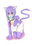 1girl :3 absurdres animal_ears bell blush cait_sith_(monster_girl_encyclopedia) cat_ears cat_tail fang furry fusion highres jingle_bell kantai_collection kneeling looking_at_viewer monster_girl monster_girl_encyclopedia monsterification paundo2 paw_pose paws purple_hair red_eyes school_uniform serafuku short_hair shorts smile solo tail tama_(kantai_collection) 