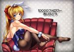  1girl animal_ears bare_shoulders blonde_hair blue_eyes blush bow breasts bunny_girl bunny_tail bunnysuit couch detached_collar fake_animal_ears fishnet_pantyhose fishnets from_side hair_bow highres leotard long_hair merufena original pantyhose rabbit_ears sideboob solo tail wrist_cuffs 