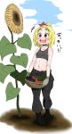  1girl alternate_hairstyle basket blonde_hair blush boots breasts clothes_around_waist cucumber eggplant eyebrows flower gloves high_ponytail highres jumpsuit navel open_mouth red_eyes rumia short_hair small_breasts smile sunflower sweat takeu tank_top thick_eyebrows tomato touhou vegetable 