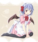  1girl alternate_costume apron bangs bat_wings black_legwear blue_hair blush bow bowtie fang frown full_body hair_bow highres large_bow long_sleeves looking_at_viewer maid maid_headdress no_shoes ominome pantyhose red_eyes remilia_scarlet short_hair sitting solo sweatdrop touhou wariza wings 