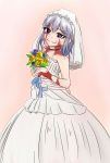  1girl artist_request bare_shoulders bouquet bridal_veil bride burn_scar dorei_to_no_seikatsu_~teaching_feeling~ dress flower grey_hair happy highres looking_at_viewer pink_background ribbon scar smile solo sylvie_(dorei_to_no_seikatsu) veil violet_eyes wedding_dress white_dress 