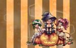  3girls artist_name ass bandages boots breasts chibi cleavage curly_hair dark_skin demon_horns demon_tail fishnets glasses gloves green_eyes green_hair halloween hat horns jack-o&#039;-lantern large_breasts leotard multiple_girls mummy one_eye_closed original pink_hair pitchfork pumpkin purple_hair sitting smile striped striped_background tail tetisuka tongue tongue_out wallpaper witch witch_hat 