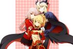  3girls armor artoria_pendragon_alter_(fate/grand_order) blonde_hair fate/grand_order fate_(series) florence_nightingale_(fate/grand_order) gloves grin long_hair looking_at_viewer midriff military military_uniform multiple_girls navel oiun one_eye_closed pink_hair pleated_skirt red_eyes saber saber_alter saber_of_red skirt smile teeth uniform v white_gloves 