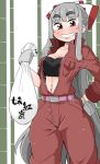  1girl bag bamboo bamboo_forest bandeau belt blush breasts eyebrows forest fujiwara_no_mokou gloves grin hand_on_hip highres jumpsuit long_hair looking_at_viewer medium_breasts nature navel open_clothes red_eyes silver_hair smile takeu thick_eyebrows touhou unzipped very_long_hair 