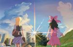  ascot bag blonde_hair bow brown_hair city clouds commentary_request detached_sleeves from_behind hair_bow hair_tubes hakurei_reimu kimi_no_na_wa kirisame_marisa landscape long_sleeves multiple_girls outdoors ribbon-trimmed_sleeves ribbon_trim skirt skirt_set sky touhou wide_sleeves 
