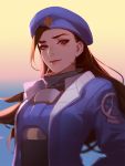  1girl ana_(overwatch) armor ask_(askzy) beret black_hair blue_jacket bodysuit brown_eyes dark_skin emblem facial_mark facial_tattoo hat jacket lips lipstick long_hair looking_at_viewer makeup military military_uniform overwatch parted_lips power_armor power_suit smile solo tattoo turtleneck uniform upper_body younger 
