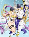  1boy 1girl abs angel_wings angemon angewomon armpits asymmetrical_clothes bare_shoulders belt blonde_hair blue_ribbon bodysuit breasts cleavage collarbone covered_eyes digimon digimon_adventure digimon_adventure_tri. feathered_wings feathers foreshortening gloves helmet high_heels loincloth long_hair looking_at_viewer medium_breasts midriff multiple_wings navel nue_(himetemari) purple_ribbon ribbon seraph shoes sideboob single_glove smile stomach thigh_strap white_gloves white_shoes white_wings winged_helmet wings 