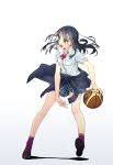  1girl :d ball basketball black_hair black_jacket black_shoes blue_skirt blush brown_eyes buttons clothes_around_waist collared_shirt dress_shirt full_body highres jacket jacket_around_waist loafers long_hair long_sleeves looking_to_the_side murakami_suigun open_mouth original plaid plaid_skirt pocket purple_legwear school_swimsuit shirt shoes short_sleeves simple_background skirt smile socks solo swimsuit unbuttoned white_background wing_collar 