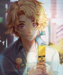  1boy blonde_hair buttons cellphone character_name flip_phone hair_ornament hairclip looking_down male_focus phone phong_anh shade signature solo susanghan_messenger upper_body violet_eyes watermark yoosong_(susanghan_messenger) 