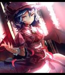  1girl bat_wings blue_hair brooch dress fingernails hat highres hizagawa_rau jewelry letterboxed nail_polish red_eyes remilia_scarlet sharp_fingernails short_hair sketch solo touhou wings 