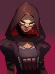  1girl armor ask_(askzy) braid coat collarbone face_mask genderswap genderswap_(mtf) gradient gradient_background hood hooded_jacket jacket jewelry lips lipstick long_braid makeup mask overwatch reaper_(overwatch) shotgun_shells single_braid single_earring skull_mask solo trench_coat upper_body 