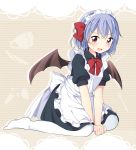  1girl alternate_costume apron bangs bat_wings blue_hair blush bow bowtie fang frown full_body hair_bow highres large_bow long_sleeves looking_at_viewer maid maid_headdress no_shoes ominome pantyhose red_eyes remilia_scarlet short_hair sitting solo sweatdrop touhou wariza white_legwear wings 