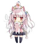  1girl :3 animal_ears bangs black_legwear bow cat cat_ears cat_hair_ornament cat_print chibi frilled_skirt frills full_body hair_bow hair_ornament holding long_hair long_sleeves neko_atsume no_feet no_shoes original pikomint pink_hair red_eyes scarf simple_background skirt smile snowman solo standing thigh-highs two_side_up very_long_hair white_background winter_clothes zettai_ryouiki 
