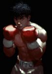  1boy abs black_eyes black_hair blurry boxing_gloves boxing_shorts fighting_stance gerald_parel hajime_no_ippo highres light makunouchi_ippo male_focus muscle realistic shirtless shorts solo upper_body 