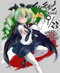  1girl anchovy black_shoes cape chikugen_shiina drill_hair food girls_und_panzer green_hair hair_ribbon looking_at_viewer necktie one_eye_closed pantyhose pizza red_eyes ribbon riding_crop shirt shoes skirt solo twin_drills twintails uniform white_legwear white_shirt 