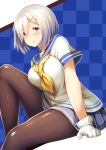 1girl blue_eyes breasts checkered checkered_background commentary_request gloves hair_ornament hairclip hamakaze_(kantai_collection) kantai_collection large_breasts looking_at_viewer pantyhose shirt short_hair short_sleeves silver_hair skirt solo tobi-mura white_gloves white_shirt 