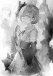  1girl ball_and_chain chain detached_sleeves hair_ornament hair_over_one_eye highres looking_at_viewer looking_to_the_side monochrome open_mouth re:zero_kara_hajimeru_isekai_seikatsu rem_(re:zero) short_hair sketch solo x_hair_ornament zeixique 