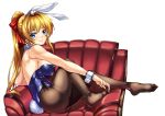  1girl animal_ears bare_shoulders blonde_hair blue_eyes blush bow breasts bunny_girl bunny_tail bunnysuit couch detached_collar fake_animal_ears fishnet_pantyhose fishnets from_side hair_bow highres leotard long_hair merufena original pantyhose rabbit_ears sideboob simple_background solo tail white_background wrist_cuffs 