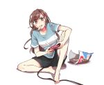  1girl bangs barefoot black_shorts brown_eyes brown_hair chips controller d.va_(overwatch) eyebrows eyebrows_visible_through_hair facepaint facial_mark game_controller gamepad headphones knee_up long_hair mouth_hold overwatch playing_games shirt short_sleeves shorts simple_background sitting solo whisker_markings white_background 
