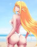  1girl absurdres ass ass_grab beach blonde_hair breasts covered_nipples highres j_adsen kiss-shot_acerola-orion_heart-under-blade kizumonogatari long_hair monogatari_(series) shoulder_blades slit_pupils smile solo swimsuit water yellow_eyes 