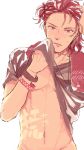  1boy abs adonis_belt bracelet granblue_fantasy hand_in_hair jewelry looking_at_viewer makino_bunny male_focus navel necklace percival_(granblue_fantasy) red_eyes redhead shirt_lift simple_background solo sweat towel towel_around_neck white_background 