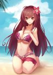  1girl ban_bu_bu_duou barefoot beach bikini breasts brown_hair cleavage fate/grand_order fate_(series) flower garters hair_flower hair_ornament hibiscus highres kneeling large_breasts long_hair navel ocean red_bikini red_eyes scathach_(fate/grand_order) solo swimsuit toes under_boob 