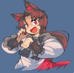  1girl animal_ears ascot blue_background brown_hair cropped_legs eyebrows eyebrows_visible_through_hair fang fingernails frilled_sleeves frills fur imaizumi_kagerou ini_(inunabe00) long_hair long_sleeves looking_at_viewer nail_polish open_mouth paw_pose puffy_long_sleeves puffy_sleeves red_eyes red_nails red_skirt sharp_fingernails shirt simple_background skirt smile solo touhou white_shirt wolf_ears 