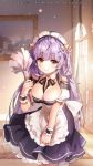 1girl apron artist_name bare_shoulders blush breasts brown_eyes cleavage curtains duster gio_(maroon0924) large_breasts long_hair looking_at_viewer maid maid_headdress original purple_hair smile solo waist_apron watermark window wrist_cuffs 