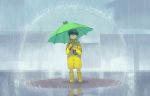  1boy animal_themed_umbrella bangs black_eyes black_hair blunt_bangs boots bowl_cut child closed_mouth esper frog hiko_(scape) holding holding_umbrella hood hood_down house kageyama_shigeo legs_apart long_sleeves looking_to_the_side looking_up male_focus mob_psycho_100 outdoors rain raincoat reflection rubber_boots solo umbrella yellow_boots younger 