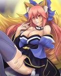  1girl animal_ears bashiko_(shinba557i) blue_legwear bow breasts cleavage detached_sleeves fate/extra fate_(series) fox_ears fox_tail hair_bow hair_ribbon highres japanese_clothes large_breasts looking_at_viewer pink_hair ribbon solo tail tamamo_(fate)_(all) tamamo_no_mae_(fate) yellow_eyes 