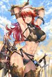  1girl abs armor armored_boots armpits arms_behind_head arms_up axe battle_axe bikini_armor blue_eyes boots breasts gauntlets highres large_breasts looking_at_viewer o-ring_bottom overhead_swing ran&#039;ou_(tamago_no_kimi) redhead sharp_teeth sideboob solo sword teeth thigh-highs thigh_boots toned weapon 