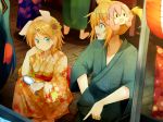  absurdres blonde_hair blush flower hair_flower hair_ornament highres japanese_clothes kagamine_len kagamine_rin kazenoko kimono open_mouth short_hair smile squatting summer_festival takoluka vocaloid yukata 