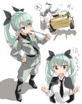  anchovy bangs belt black_boots black_shirt boots cape carro_veloce_cv-33 dress_shirt drill_hair full_body fume girls_und_panzer green_hair grey_jacket grey_pants ground_vehicle hair_ribbon hand_on_hip highres holding knee_boots long_hair long_sleeves looking_at_viewer military military_uniform military_vehicle motor_vehicle muchi_maro multiple_views necktie pants red_eyes ribbon riding_crop school_uniform shirt shoulder_belt simple_background sketch standing sweatdrop tank translated trembling twin_drills twintails uniform upper_body wavy_mouth white_background white_shirt 