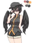  1girl :d adjusting_sunglasses alternate_costume bare_arms bare_shoulders bird_wings black_hair blush breasts ear_piercing fingerless_gloves gloves jewelry kuroba_rapid large_breasts looking_at_viewer open_mouth palette piercing red_eyes shameimaru_aya short_hair short_ponytail shorts sleeveless smile solo sunglasses thighs touhou wings 