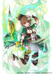  1girl archery arrow belt bow_(weapon) breasts brown_eyes brown_hair character_request diss_world flower full_body gloves hair_flower hair_ornament highres holding holding_weapon looking_at_viewer official_art puma_(hyuma1219) shoes short_hair skirt smile solo striped striped_legwear thigh-highs weapon 