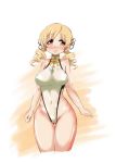 1girl adapted_costume blonde_hair blush breasts covered_navel drill_hair eyebrows eyebrows_visible_through_hair hair_ornament large_breasts looking_to_the_side mahou_shoujo_madoka_magica mizushima_(p201112) open_mouth short_hair solo tomoe_mami twin_drills yellow_eyes 