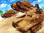  1girl anzio_(emblem) black_hair braid brown_eyes carro_veloce_cv-33 clouds cloudy_sky desert girls_und_panzer goggles goggles_on_headwear ground_vehicle helmet lain military military_vehicle motor_vehicle open_mouth pepperoni_(girls_und_panzer) short_hair side_braid sky smile tank 