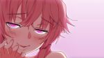  1girl artist_request bare_shoulders blush close-up fingernails fingers_to_cheeks gasai_yuno gradient gradient_background head_only head_tilt highres lips looking_at_viewer mirai_nikki parted_lips pink_eyes pink_hair smile solo 
