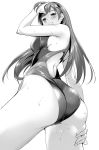  1girl ass bare_shoulders blush breasts competition_swimsuit from_below greyscale idolmaster idolmaster_cinderella_girls idolmaster_cinderella_girls_starlight_stage long_hair monochrome nitta_minami one-piece_swimsuit sideboob simple_background smile solo swimsuit tomohiro_kai wet white_background 