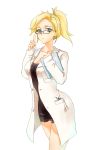  1girl alternate_costume artist_name black_dress blonde_hair blue_eyes breasts cleavage clipboard collarbone contemporary cowboy_shot dated doctor dress glasses high_ponytail highres holding labcoat looking_at_viewer medium_breasts mercy_(overwatch) overwatch ponytail short_dress signature simple_background sketch sleeves_past_wrists solo stethoscope thyme_(4749874974) white_background 