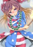  1girl american_flag_dress bead_necklace beads blush breasts brown_hair chikado clownpiece clownpiece_(cosplay) commentary_request covered_navel cowboy_shot crossed_arms fire gradient_hair hat hijiri_byakuren jester_cap jewelry large_breasts long_hair looking_at_viewer multicolored_hair necklace prayer_beads purple_hair short_sleeves solo standing torch touhou violet_eyes 