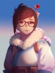  1girl ask_(askzy) beads belt belt_pouch black-framed_eyewear blue_gloves brown_eyes brown_hair canister coat drone fur-lined_jacket fur_coat fur_trim glasses gloves hair_bun hair_ornament hair_stick lips looking_at_viewer machinery mei_(overwatch) overwatch parka pink_lips robot short_hair smile snowflake_hair_ornament solo strap upper_body winter_clothes winter_coat 