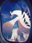  above_clouds airplane_interior arc_draws closed_mouth clouds commentary_request day fang flying highres lugia no_humans pokemon pokemon_(creature) skin_fang sky solo window 