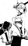  1girl anchor bad_anatomy black_legwear breasts chain drshellon greyscale highres kantai_collection looking_to_the_side medium_breasts midriff monochrome mutsu_(kantai_collection) navel short_hair sitting solo thigh-highs white_background 