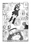  3girls akebono_(kantai_collection) animal animal_on_head arm_up bell boots closed_eyes comic greyscale hair_bell hair_bobbles hair_ornament hand_on_hip hand_on_own_chin japanese_clothes kantai_collection kariginu kimono laughing long_hair long_sleeves monochrome multiple_girls open_mouth pleated_skirt rabbit rigging ryuujou_(kantai_collection) sazanami_(kantai_collection) school_uniform serafuku shouting side_ponytail skirt smile sweatdrop thigh_strap torpedo translation_request twintails uniform visor_cap yokochou 