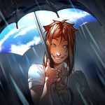  1girl bangs blue_eyes blush brown_hair buttons collarbone holding holding_umbrella looking_at_viewer nips original parted_bangs rain shirt short_hair short_sleeves sky_print smile solo umbrella unbuttoned unbuttoned_shirt upper_body white_shirt 