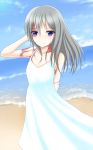  1girl arm_behind_back bare_shoulders beach blue_eyes blue_sky blush burn_scar clouds collarbone dorei_to_no_seikatsu_~teaching_feeling~ dress grey_hair hand_in_hair highres long_hair looking_at_viewer ocean revision robu_(ms08bb) scar sky smile solo sundress sylvie_(dorei_to_no_seikatsu) white_dress 