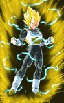  1boy armor aura blonde_hair boots clenched_hands clenched_teeth dragon_ball dragon_ball_super electricity full_body gloves green_eyes highres kamishima_kanon male_focus muscle solo spiky_hair super_saiyan super_saiyan_2 teeth vegeta white_boots white_gloves widow&#039;s_peak 
