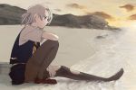  1girl beach black_legwear clouds gloves kantai_collection knee_up loafers nowaki_(kantai_collection) pantyhose pleated_skirt shoes silver_hair sitting skirt so_shina solo thighband_pantyhose torn_clothes torn_pantyhose vest white_gloves 